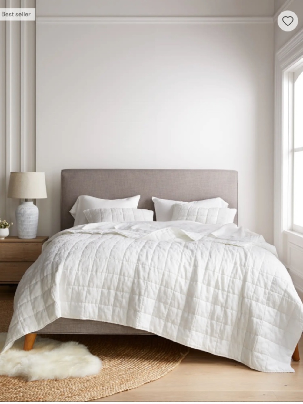 QUINCE European Linen Box Quilt set, padded blanket. Twin, White